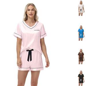 Pyjama d'été en satin rayé pour femme, ensemble de vêtements de maison fin et uni à enfiler - Product Image 1