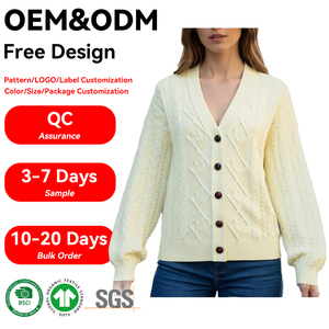 <span class=keywords><strong>Cardigan</strong></span> da donna in maglia a trecce con bottoni a corno e scollo a V, in lana a maglia fine, con finiture a costine, classico, tradizionale, personalizzabile - Product Image 1