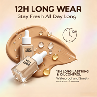 Fond de teint liquide mat personnalisé avec logo, végan, longue tenue, waterproof, couvrance totale, contrôle du sébum, éclaircissant, écran solaire