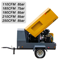 Compresseur d'air à vis diesel portable compact, lubrifié, avec PLC, 185/250 CFM, refroidissement par air, pour forage de roche et sablage