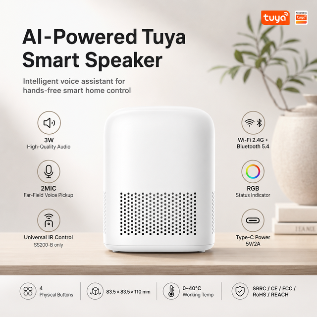 Tuya WiFi AI Smart Speaker Voice Assistant with Universal IR Remote Control Bluetooth 5.4 for Smart Home