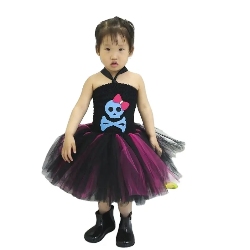 Morden Style Customizable Skull Decoration Halloween Party Tutu Dress Kids Girls With Lining