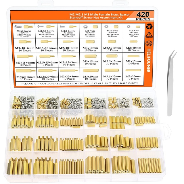 HelFouner M2 M2.5 M3 Brass Spacer Screw Nut Assortment Kit 420 Pieces Fastener Connection