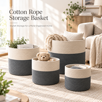 Panier à linge rond en corde de coton bicolore style nordique, grand format, avec poignées intégrées, pour vêtements, couvertures, serviettes, rangement de chambre d'enfant