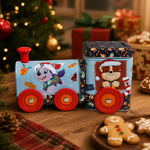 Boîte de rangement en fer blanc personnalisée et recyclable, en forme de train de dessin animé, pour pièces de monnaie, collations et jouets pour enfants, idéale pour Noël, les anniversaires et les cadeaux de fêtes - Product Image 2