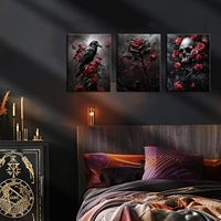 Lot de 3 tableaux muraux Raven Red Rose Skull, toile encadrée, style gothique sombre et effrayant, pour décoration d'intérieur, chambre, Halloween, thème horreur