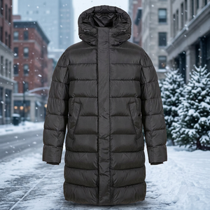 Veste d'hiver décontractée pour homme, longue, à capuche, en duvet, coupe-vent, noire, en polyester, fermeture éclair - Product Image 2