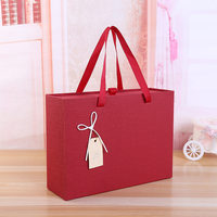 Boîte cadeau rouge style tiroir, texture lin, avec poignée en ruban gros-grain, pour étiquette personnalisée, vêtements, cadeau de mariage, boîte vide personnalisable