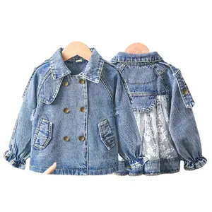 XINGKONG Jaqueta jeans para meninas de 3 a 8 anos com dobra de renda casacos para meninas