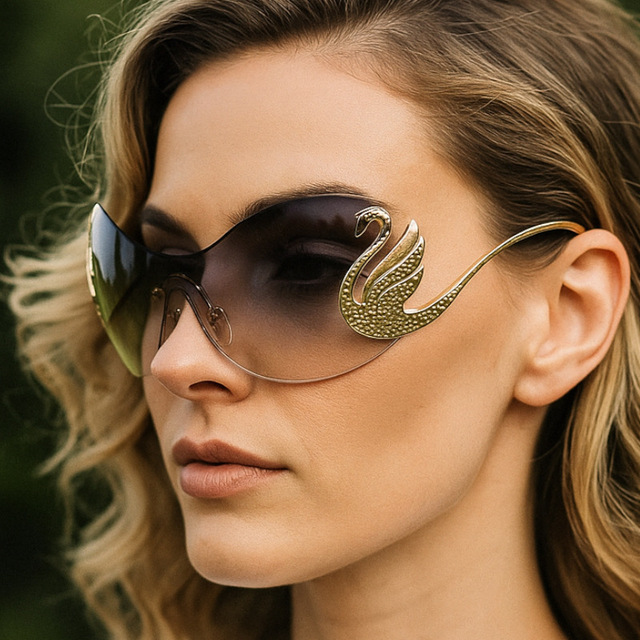 New Trendy Women's Oversized Rimless Sunglasses Fashion Personality Swan Inlay One Piece Gradient Lens Sun Shades Eyewear