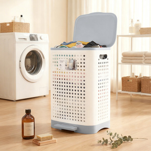 <span class=keywords><strong>Panier</strong></span> <span class=keywords><strong>à</strong></span> <span class=keywords><strong>linge</strong></span> pliable avec pédale, bac de rangement rectangulaire de 60L pour salle de bain, organiseur de vêtements, design pliable - Product Image 1