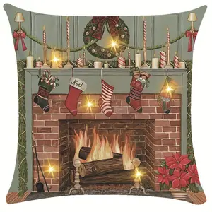 Fokusent Pillow Case with LED light Merry Christmas decorative linen cushion cover Socks fireplace for home sofa and couch decor