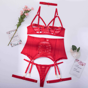 Ensemble de jarretière <span class=keywords><strong>rouge</strong></span> respirant en maille, couleur unie, extrêmement sexy - Product Image 4