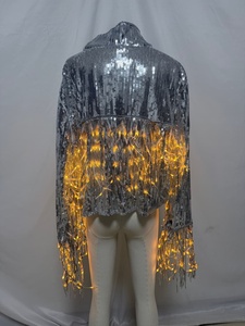 Women's Holographic <strong>Sequin</strong> <strong>Jacket</strong> with LED Light Up Fringe - <strong>Silver</strong> Iridescent Blouson Top for Rave, Festival, Stage Performance - Product Image 6