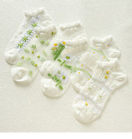 Offre Spéciale Transparent verre soie femmes chaussettes été mince décontracté court cheville chaussettes décontracté Art Floral fleur chaussettes