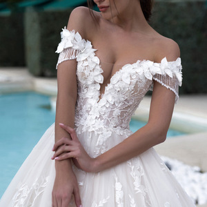 High Waisted V Neck Floral Ball Gown Wedding Dress With Straps Short Sleeve White Polyester JM001 - Product Image 3