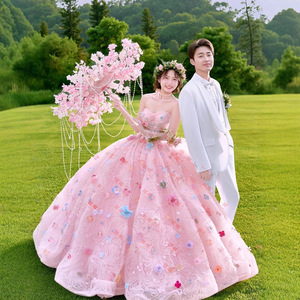 Sweet Strapless Ball Gown Wedding Dress Empire Waist Pink Colorful Floral Outdoor Photoshoot Couple Outfit - Product Image 4