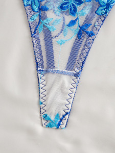Conjunto de lencería sexy con bordado floral azul, sujetador con aros de malla transparente y bragas tipo tanga con lazo lateral, conjunto de lencería de encaje, conjunto de sujetador sexy - Product Image 6