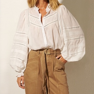 OEM Primavera Verano suelta de manga larga blusas de mujer de algodón de lino Oficina <span class=keywords><strong>blanco</strong></span> botón Tops Casual Stand Down cuello de talla grande camisa - Product Image 2