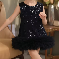 Gaun Putri Hitam Berpayet untuk Anak Perempuan, Tanpa Lengan, Bahan Mesh Tulle, Gaun Pesta