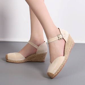 Espadrilles de style européen et américain, nouveau modèle, compensées, en daim, à bride cheville, à talon haut, découpées, en paille tressée - Product Image 4
