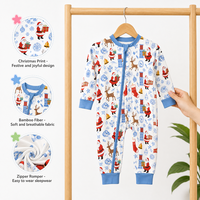 Combinaison de Noël pour bébé Puresun en fibre de bambou avec fermeture éclair, bleu bébé, imprimé rennes du Père Noël, vêtements de nuit pour tout-petits, pyjama en bambou