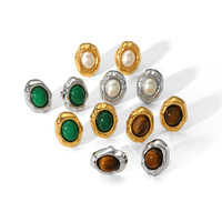 Boucles d'oreilles clous en pierre organique pour femme, plaqué or, cadre martelé, cabochon ovale 18 mm, en acier titane, style vintage, vente en gros