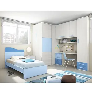 NOVA 20KAD056-camas de madera azul cielo para habitación de niños, conjunto completo de muebles de estilo Simple, cama para niños con armario y escritorio 2 en 1