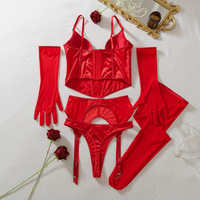Luxe rode satijnen korset lingerie 5-delige set push-up bustier kousenband kousen lange handschoenen intieme erotische lingerie outfits