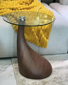 Meja kopi atas kaca dengan dasar serat kayu beton ruang tamu meja samping aksen koktail Tempered