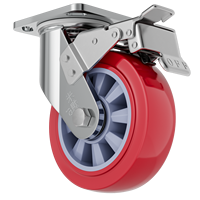 Roue pivotante à frein en polyuréthane rouge avec noyau en PP, capacité 260 kg, 4-8 pouces, fonctionnement silencieux, plaque plate pour la logistique