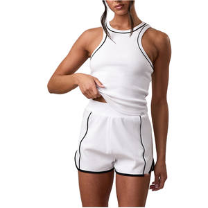 Women's White Knitted Tank <b>Top</b> With <b>Black</b> Trim Sporty Halter Neck Sleeveless <b>Top</b> Breathable Workout Wear - Product Image 1
