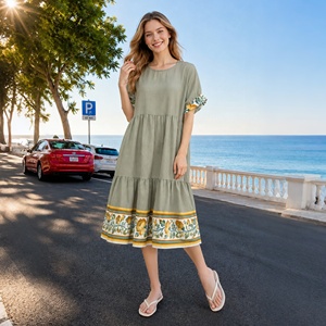 Vestido Midi Boho Verde Salvia para Mujer, Mezcla de Lino, Estampado Floral, Manga con Volantes, Estilo Casual - Product Image 5