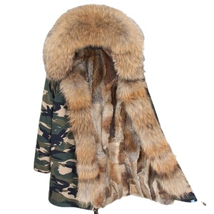 Envío Directo MAOMAOKONG Abrigo Largo de <span class=keywords><strong>Mujer</strong></span> con Forro de Piel de Conejo Rex Natural, <span class=keywords><strong>Parka</strong></span> con Cuello de Piel de Mapache, Chaquetas de Piel - Product Image 1