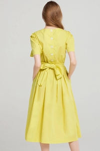 Abiti da carriera da ufficio Casual girocollo giallo plissettato manica corta con bottone indietro <span class=keywords><strong>in</strong></span> vita abiti estivi donna 2023 - Product Image 5