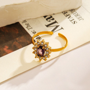 Bague ouverte en forme de fleur, zircon violet, plaqué or 18 carats, bijoux pour femmes, cadeau - Product Image 2