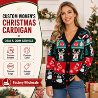 Suéter Navideño para Mujer, Diseño de Reno y Muñeco de Nieve, Cuello en V, Botones al Frente, Suéter Tejido Personalizado para las Fiestas, OEM ODM