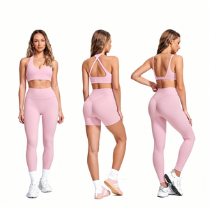 Women Premium Soft Pink Seamless Yoga Set with V Neck Sports Bra High Waist Sculpting <b>Leggings</b> and <b>Booty</b> Scrunch Mini Shorts - Product Image 1