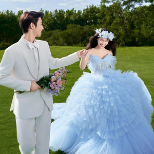 Blue Strapless Ball Gown Wedding Dress Empire Waist Floral Print Forest Theme Long Train Gown - Product Image 3