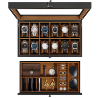 Boîte de rangement pour montres en bois avec couvercle en verre double couche, 12 emplacements pour montres et accessoires, organiseur de tiroir pour montres, boîte à montres en bois de luxe