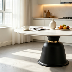 Table à manger ronde de luxe en pierre frittée, plateau blanc, base en forme de cloche noire avec bordure dorée, pour la maison, la salle à manger, l'hôtel, le restaurant - Product Image 3
