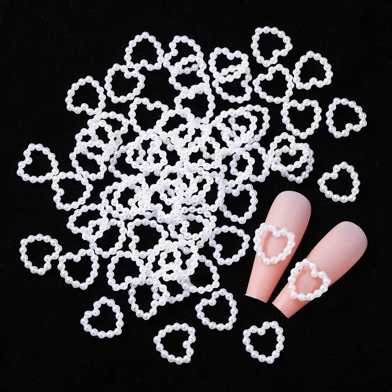100Pcs/Bag Hollow Heart Pearl Nail Art Charms White Pink Purple Pearl Round Flatback 3D Nail Decoration DIY Nail Accessories