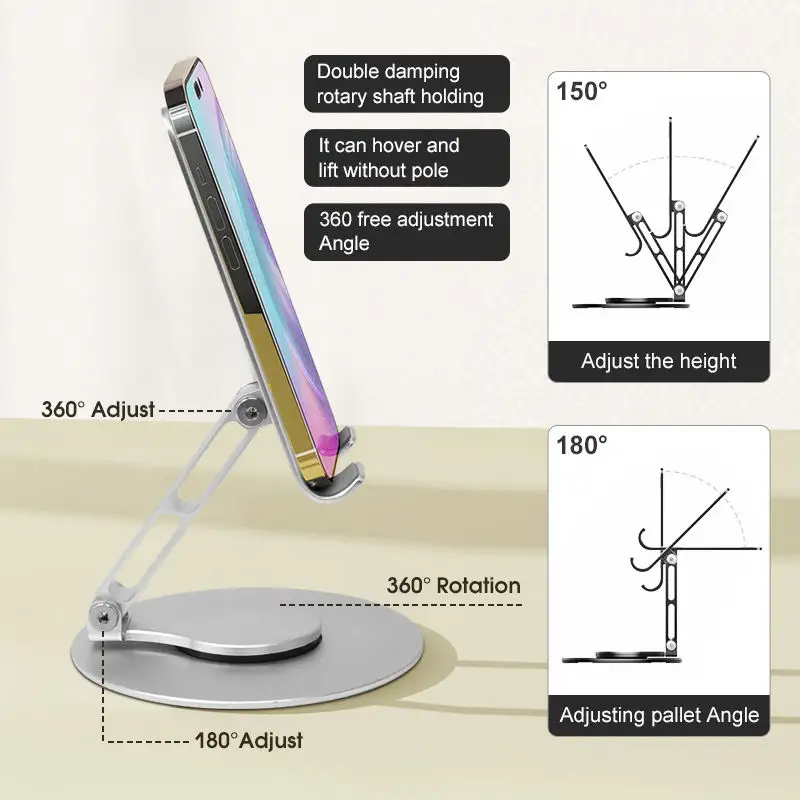 2023 Hot Selling 360 Degrees Rotation Portable Aluminum Alloy Desktop Tablet Mobile Phone Stand For Home Office CellPhone Holder