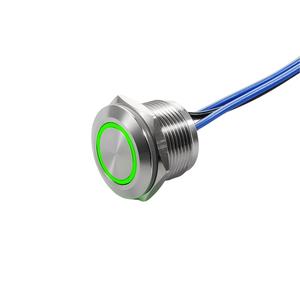 Bouton-poussoir momentané plat rond étanche IP65 19MM 12V rouge vert bleu en acier inoxydable avec anneau LED lumineux et câble - Product Image 1