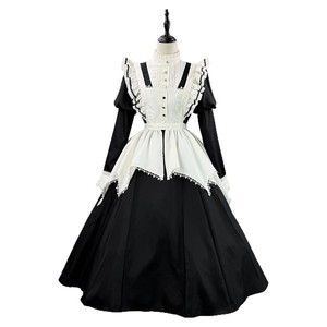 Medieval Gothic Lolita Puff Sleeve Long Dress Women Black Cosplay Maid Two Piece Set - Product Image 5