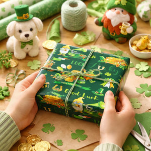 กระดาษห่อของขวัญวันเซนต์แพทริค ลายทุ่งโคลเวอร์สีเขียวพร้อมลายกีบม้า ลายเส้นสีทอง พิมพ์สองด้าน - Product Image 3