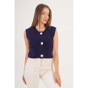 Chaleco de Punto Azul Marino para Mujer, Prenda Exterior Transpirable 100% Poliéster, Top Corto sin Mangas con Bolsillos - Product Image 5