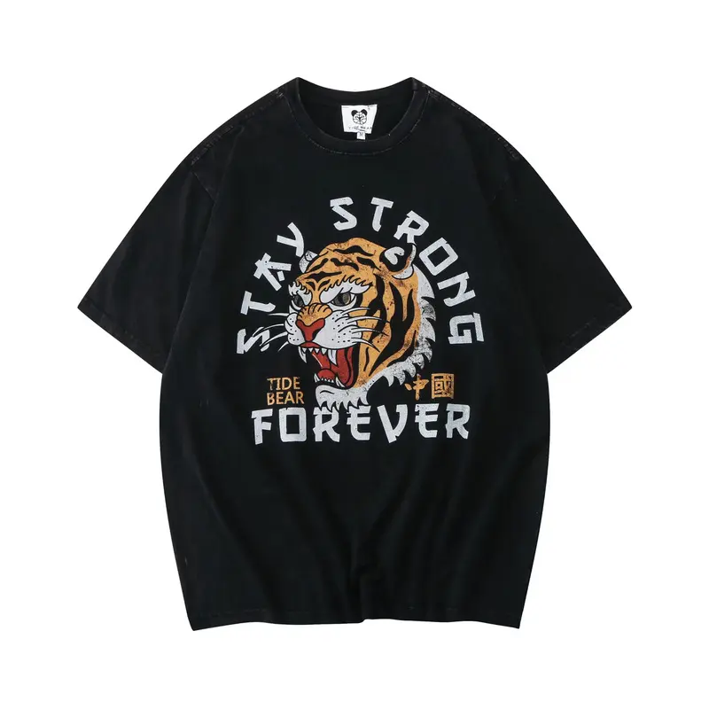 2022 New Tiger Dark Short Sleeve T Shirt High Street Half Sleeve Streetwear Washed Old T-shirt Men's Clothing Cotton Top Tee y2k