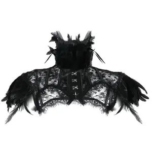 Feather Collar and Shoulder Lace Cape Top Punk Gothic Bolero Jacket Halloween Goth Rave Costumes Shrug Tops for Women Summer