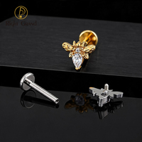 Cincin Labret Titanium Ulir Dalam Model Bee Drop Hitam CZ 16G Flat Back untuk Tindik Tulang Rawan, Conch, Helix, Bibir